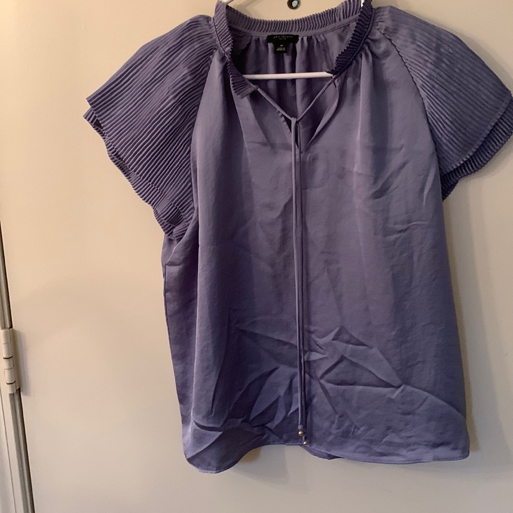 Silky top with pleated sleeves and collar. Ties at neck. Barely worn.